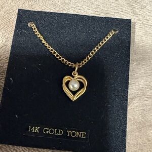 Vintage Heart Pearl Pendant Necklace 14K Gold Tone Rope Chain